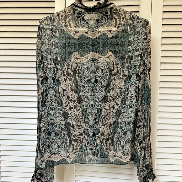 Elie Tahari Silk Sheer Snap Front Velvet Trim Blouse Lace Trim Long Sleeves LG - Picture 7 of 10